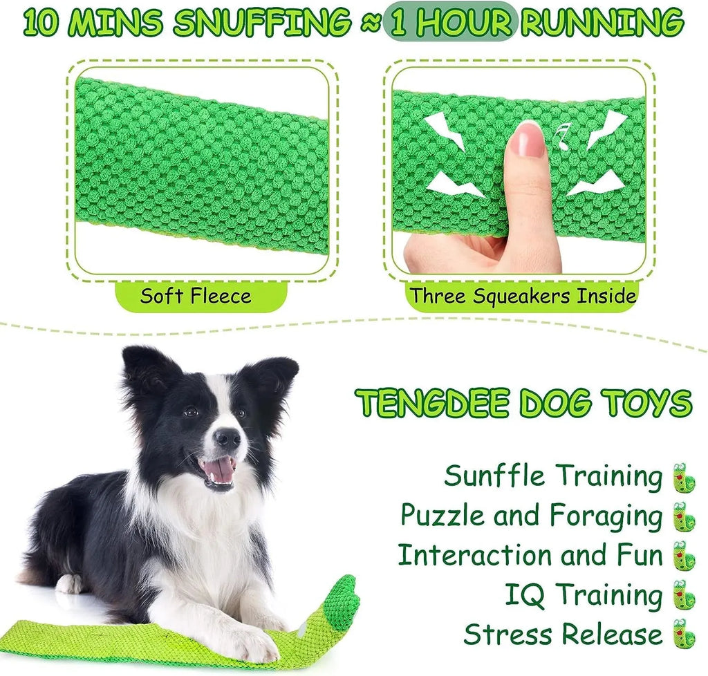 Squeak dog toy shaped like a snail with hidden food holes for puzzle training.