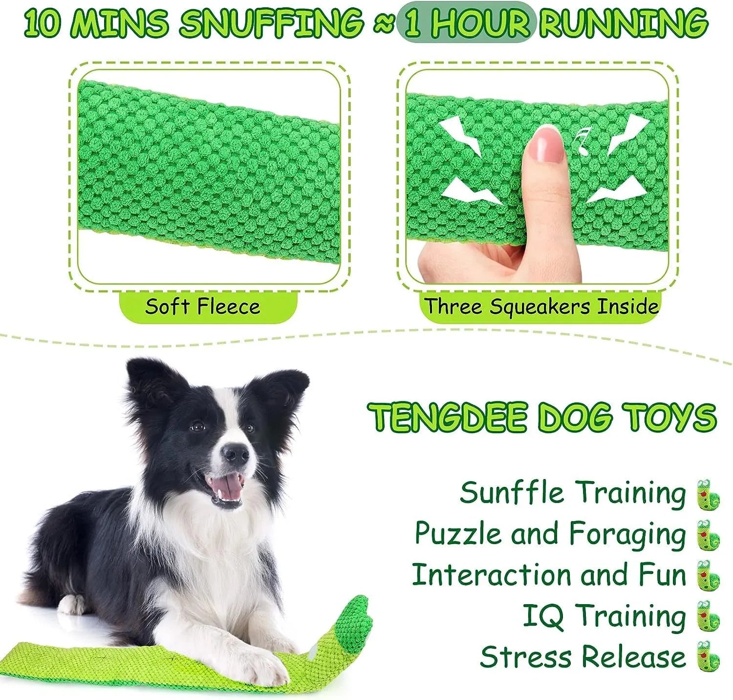 Squeak dog toy shaped like a snail with hidden food holes for puzzle training.