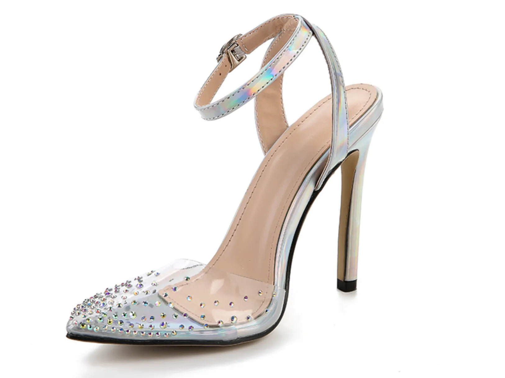 Women's pointed toe sandals with stiletto heel and diamond decoration on PVC upper