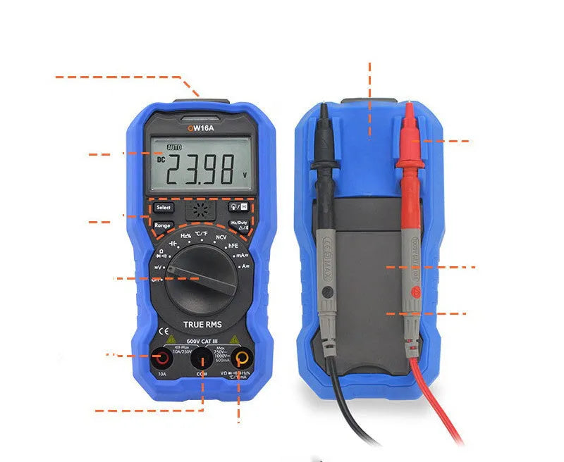 Handheld digital multimeter with display showing voltage reading, set of test probes, and optional Bluetooth dongle.