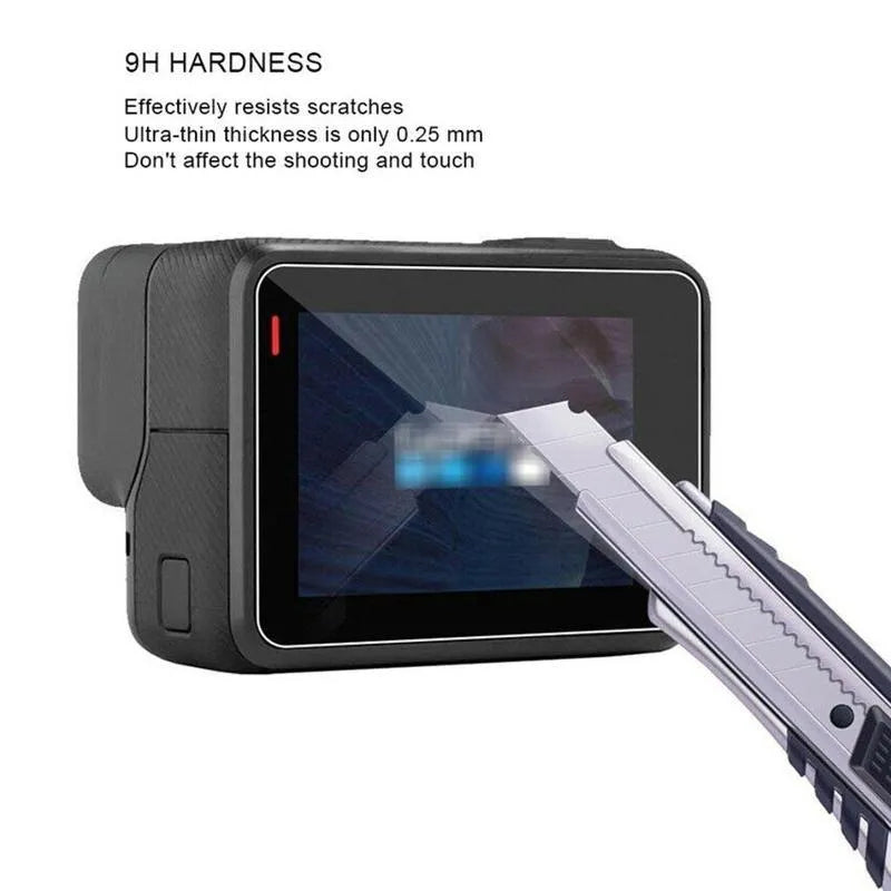 Transparent 9H tempered glass screen and lens protector films for GoPro Hero 5, 6, 7 cameras.