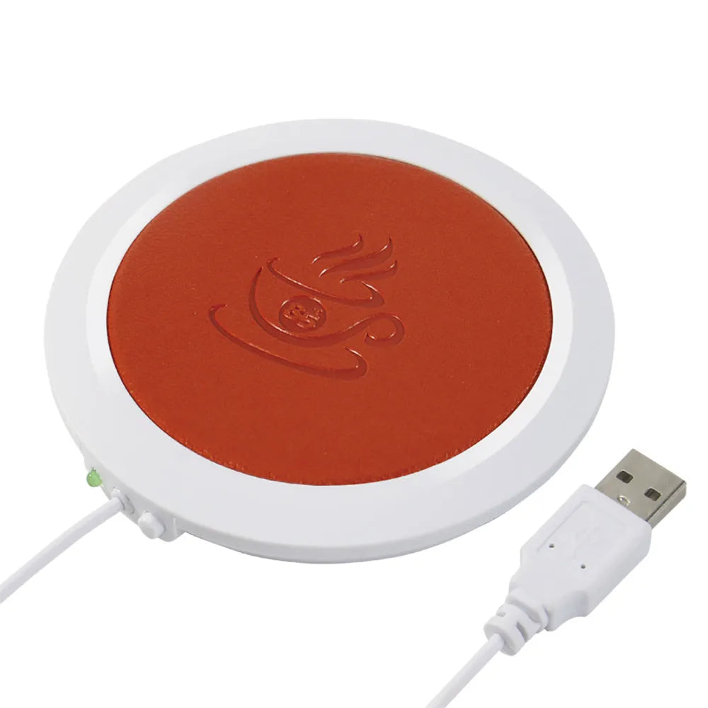 USB heating coaster in black, blue, and orange colours with insulated design
