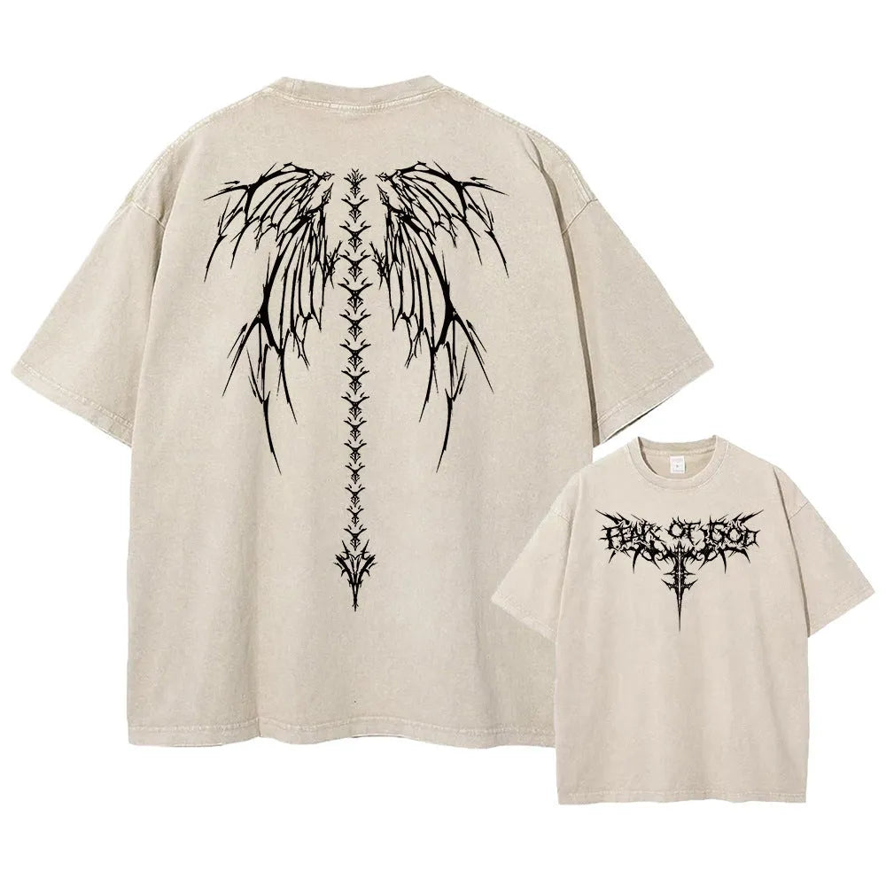 Men's oversized loose-fit cotton t-shirt with drop-shoulder short sleeves on a hanger.