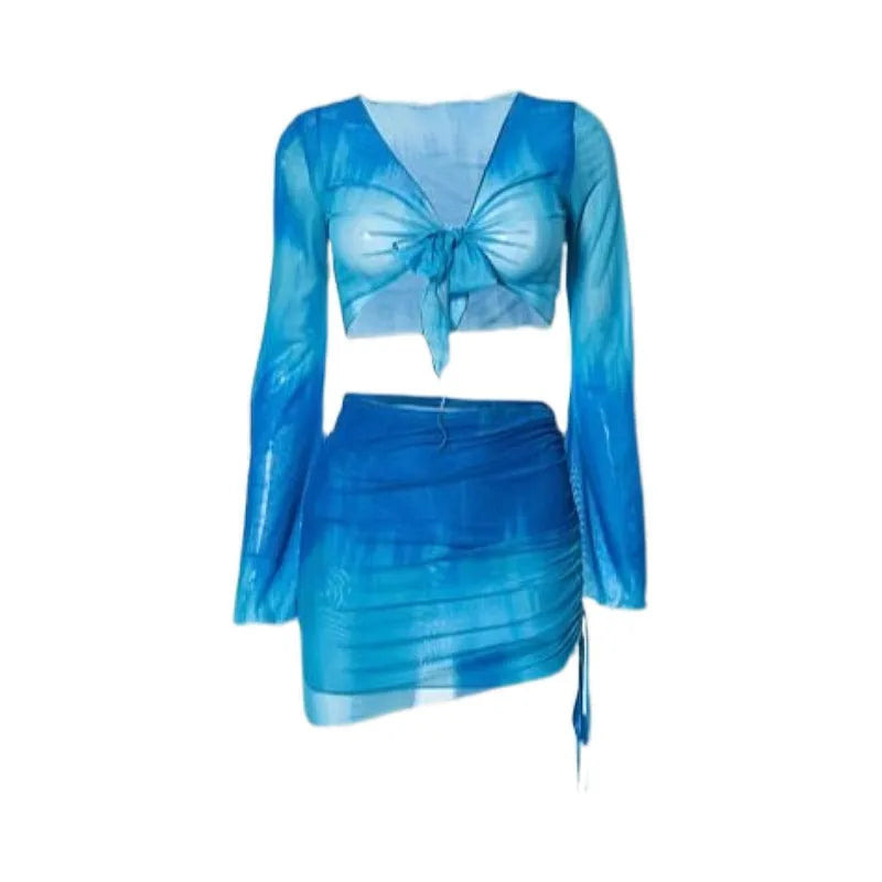 Women's blue high-waisted bikini four-piece swimsuit set showing shirt, bra, underwear and skirt components