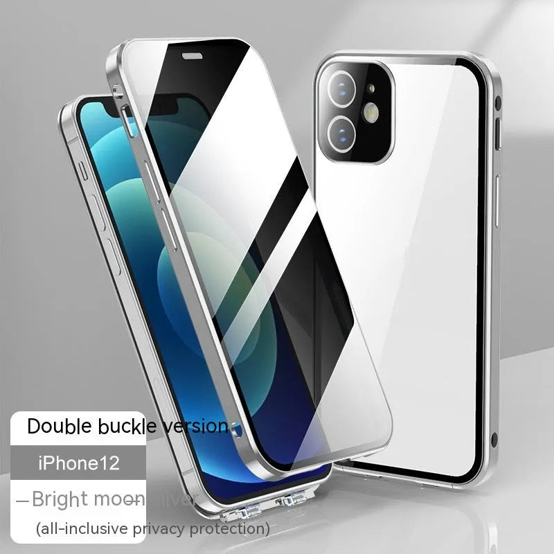 Double-sided buckle glass privacy phone case for iPhone in black, blue, gold, green, or silver