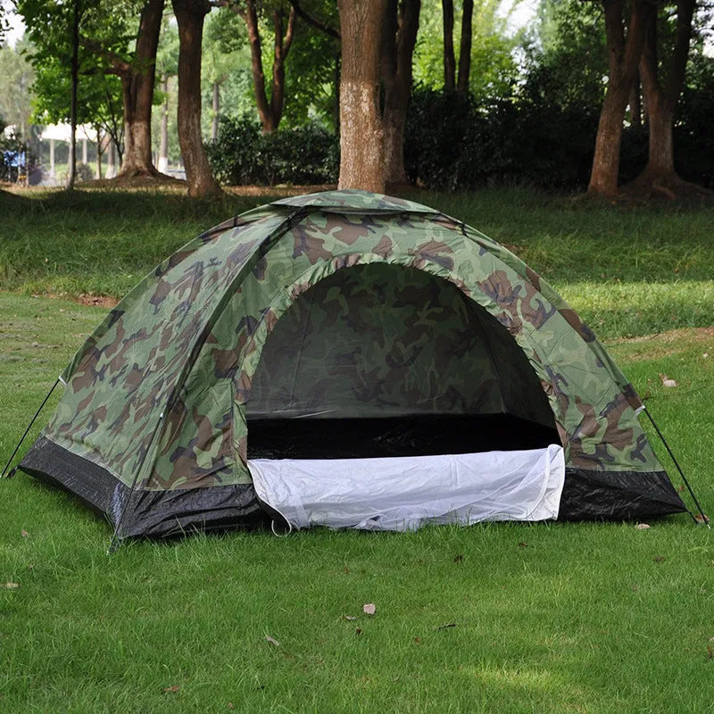 Green camouflage outdoor tent with triangular skylight and breathable mesh panels