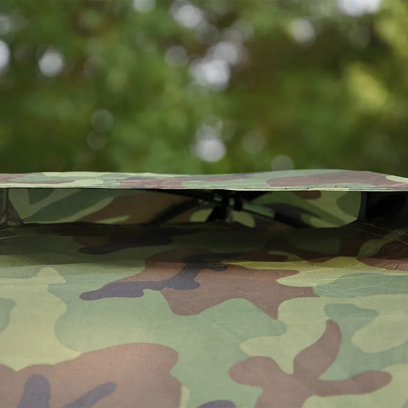 Green camouflage outdoor tent with triangular skylight and breathable mesh panels