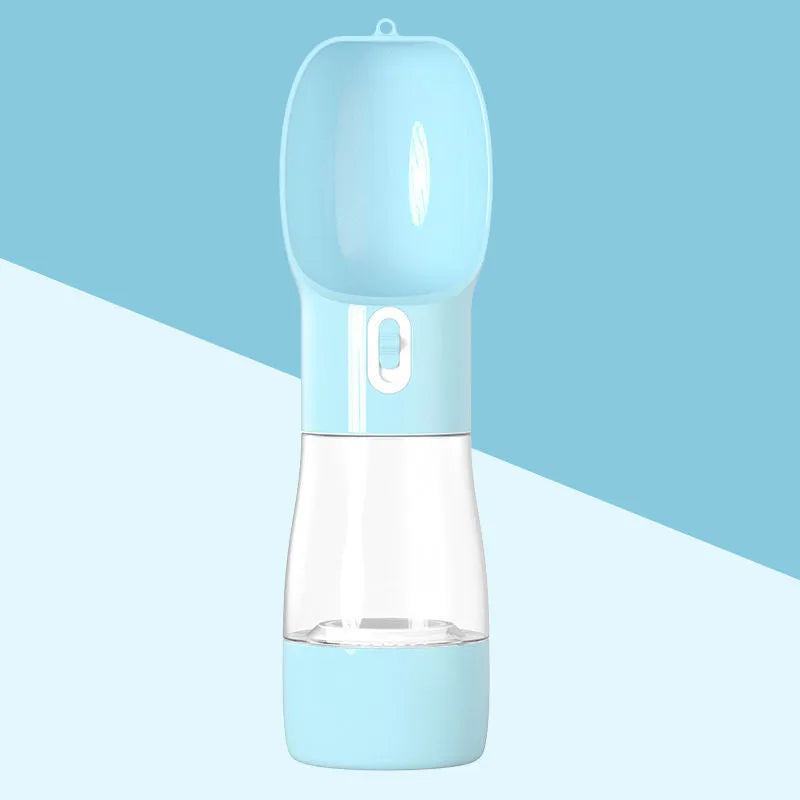 Portable dog water dispenser bottle with 258ml water cup and 200g food container in pink, green, blue, or grey