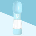 Portable dog water dispenser bottle with 258ml water cup and 200g food container in pink, green, blue, or grey