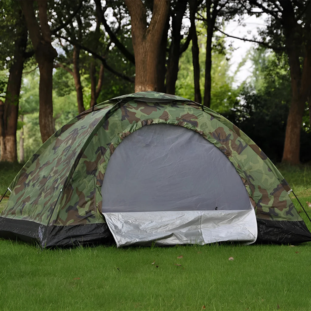 Green camouflage outdoor tent with triangular skylight and breathable mesh panels