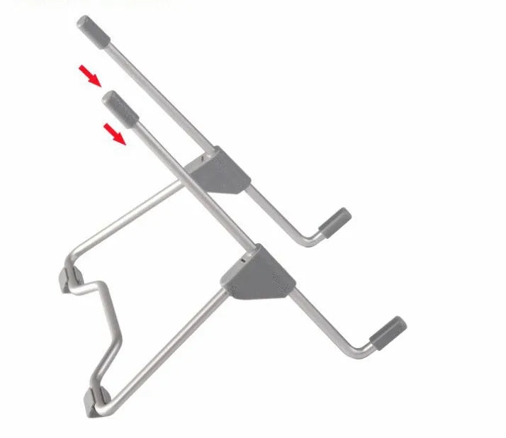 Grey aluminium alloy and plastic mobile phone stand laptop stand on a desk