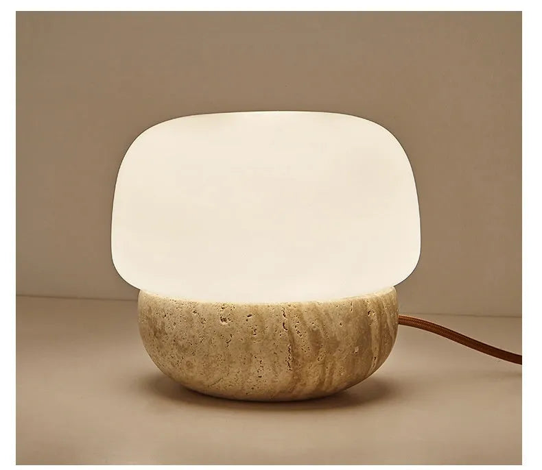 Cream coloured retro bedside lamp with button switch measuring 18cm by 17cm