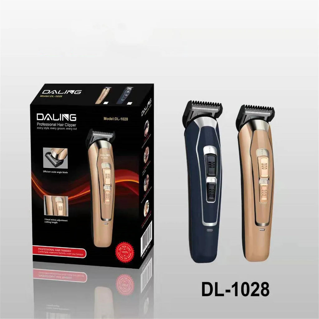 Dark blue rechargeable electric hair clipper with stainless steel blades on a plain background.