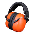 Orange adjustable noise-cancelling headphones and protective earmuffs with fabric ear cushions.