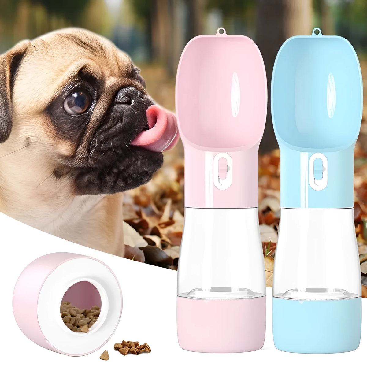 Portable dog water dispenser bottle with 258ml water cup and 200g food container in pink, green, blue, or grey