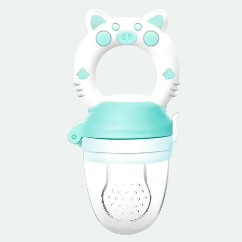 Silicone baby teether in blue, green, and pink colours with mouthpiece design options