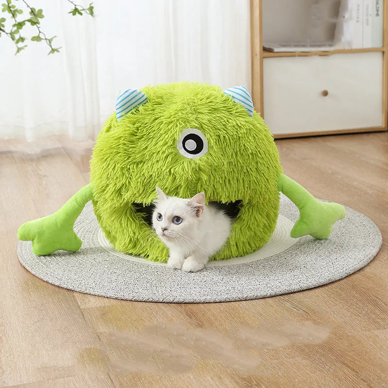 Round plush cat bed with non-slip base shown in three measured sizes for indoor pets