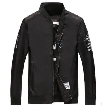 Men's reversible flight jacket with thin stripe pattern in black blue green colours featuring zipper closure and collarless design for casual autumn winter wear