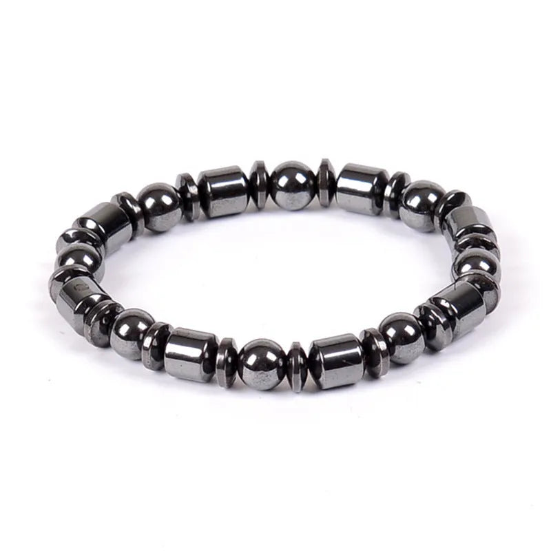 Black pentagram design magnetic therapy bracelet with magnetite and hematite stones on a stretch band.
