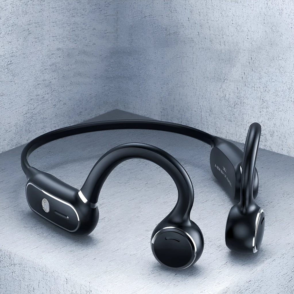 Black air conduction Bluetooth earphone with titanium frame showing open-ear design