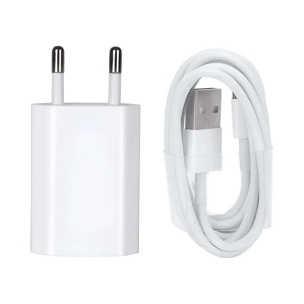 Compatible 5 volt USB travel charger and charging cable for Apple iPhone and iPad models.