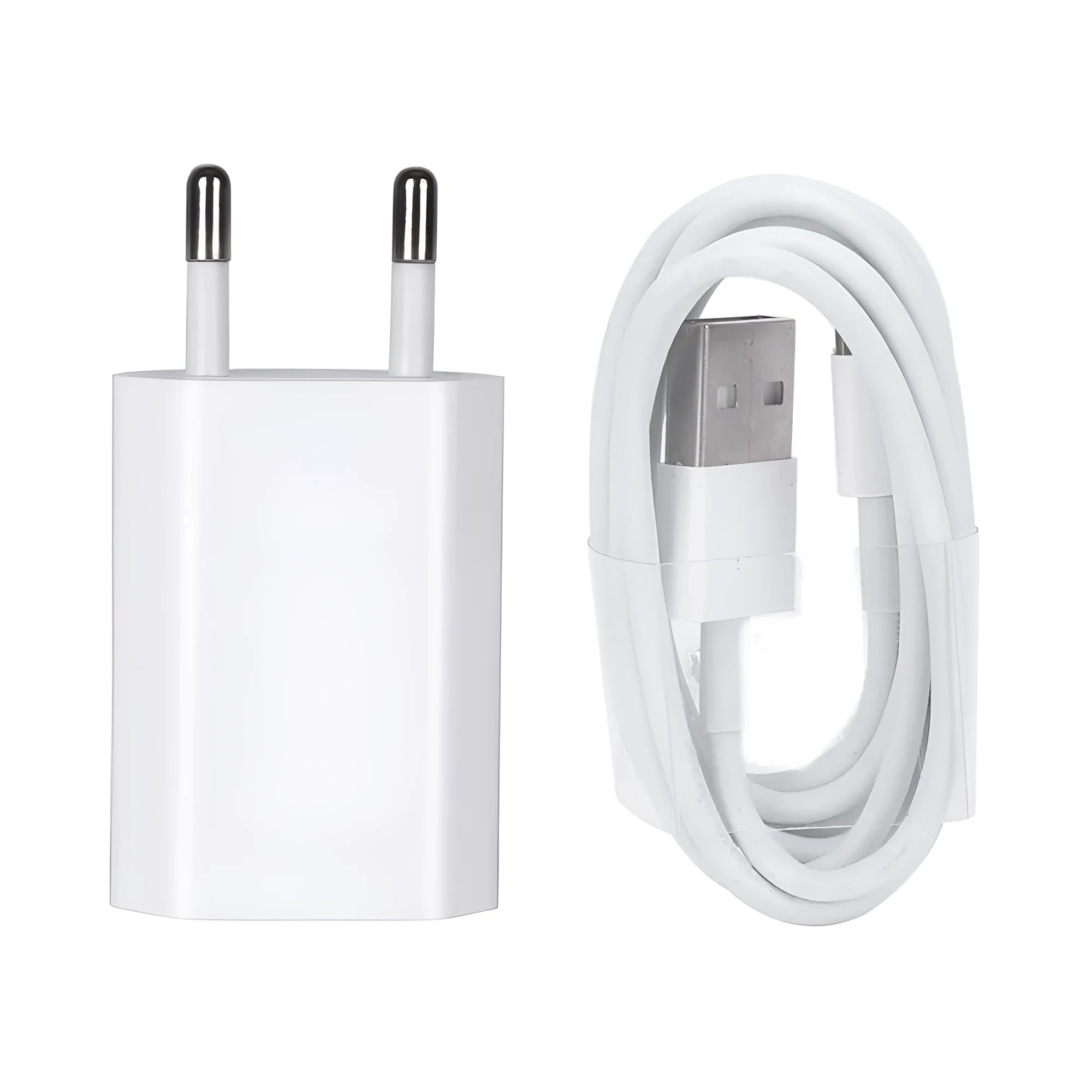 Compatible 5 volt USB travel charger and charging cable for Apple iPhone and iPad models.