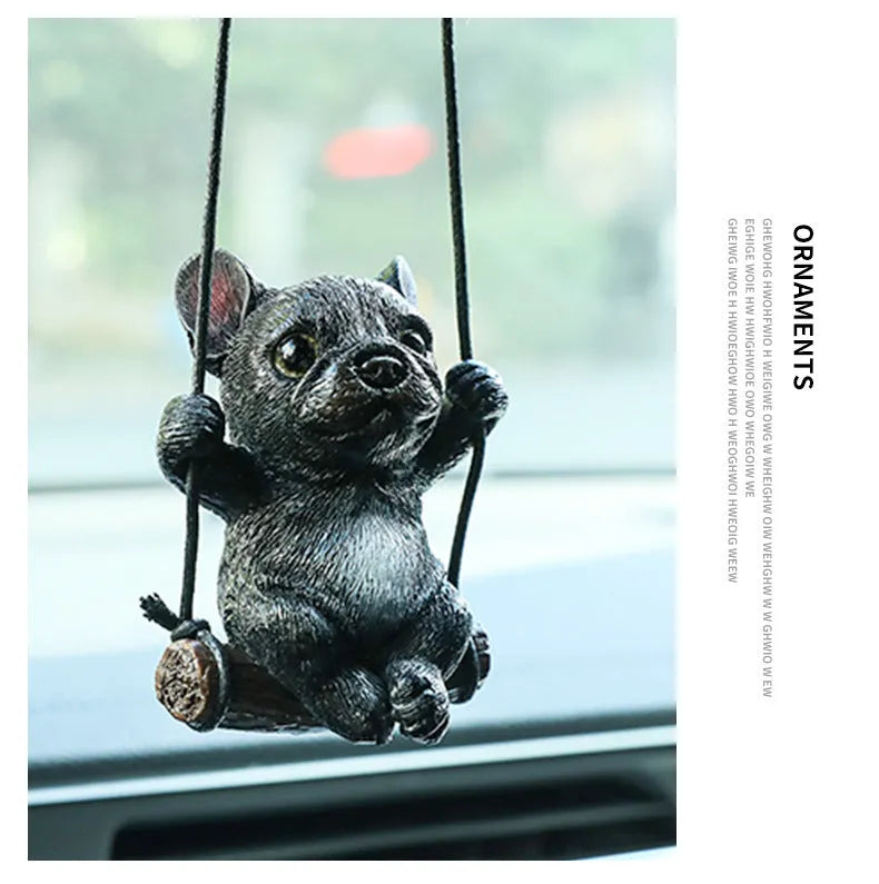 Cartoon-style resin bulldog hanging ornament for car rearview mirror in black colour