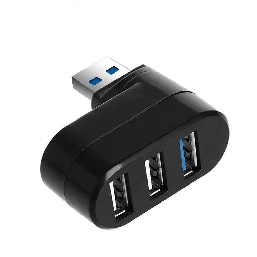 Black or white USB rotary splitter hub with four ports on a blister card packaging.