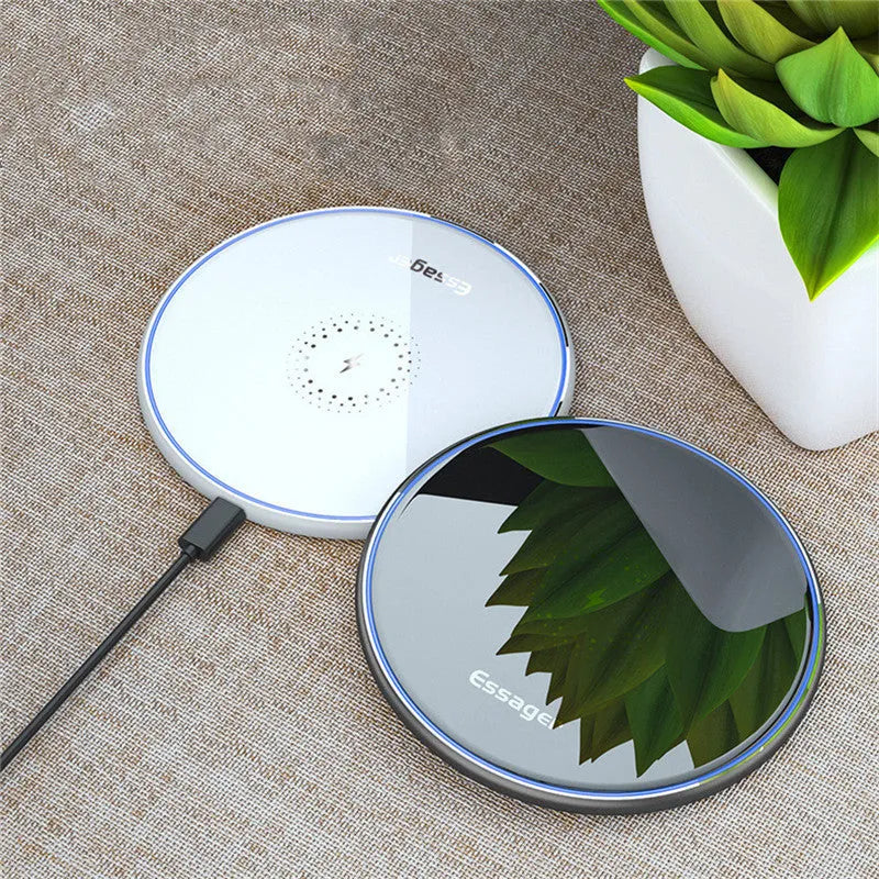 Black 15W fast wireless charging pad with anti-slip surface and LED light, measuring 10.1cm by 7cm