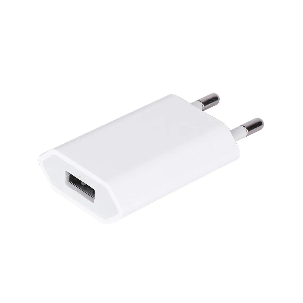 Compatible 5 volt USB travel charger and charging cable for Apple iPhone and iPad models.