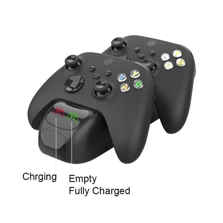 Black Xbox Series X dual controller wireless charging station with LED lights and two battery packs