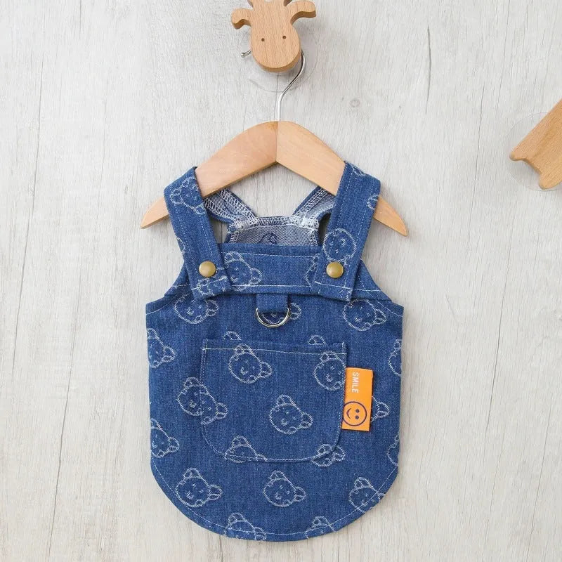 Teddy Bichon dog wearing denim princess dress with bracket skirt design