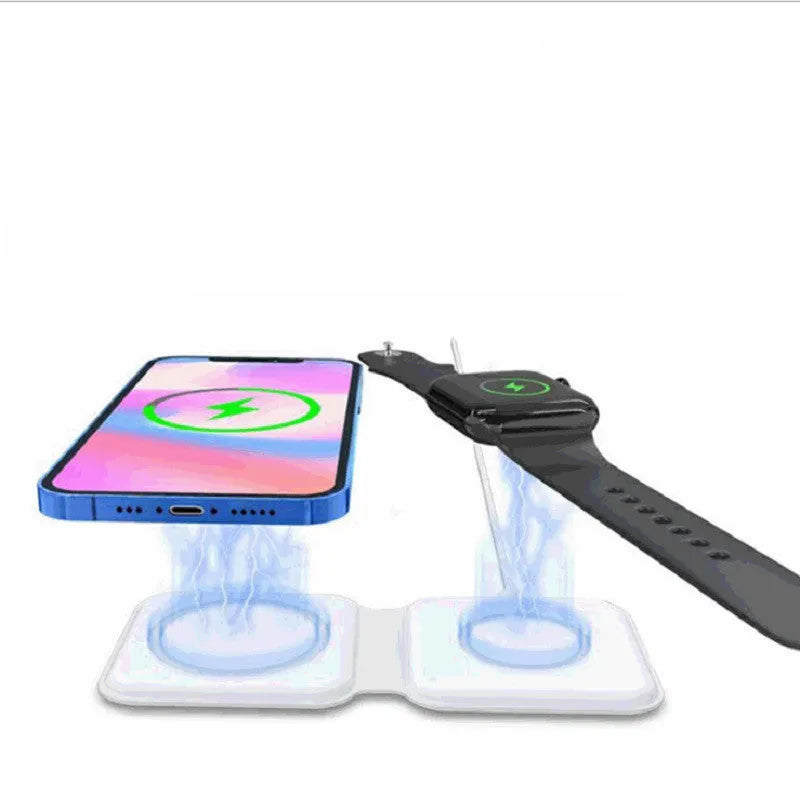 White folding dual magnetic wireless charger showing 180° adjustable angle and dual charging surfaces