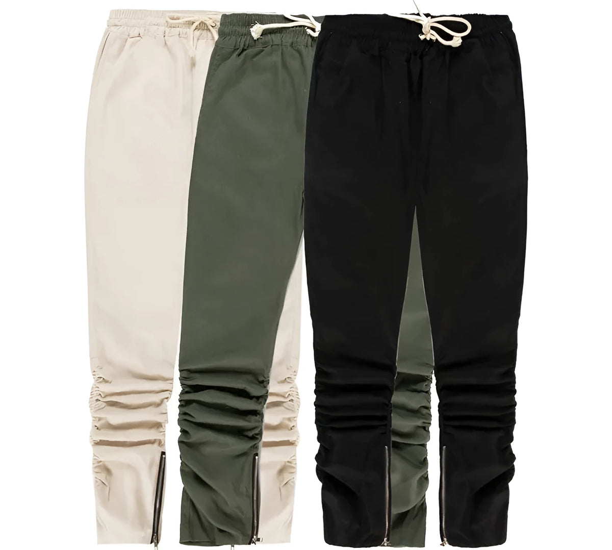 Machete elastic trousers with side zip, slim fit casual pants in Army Green, Black, Camo, and Khaki