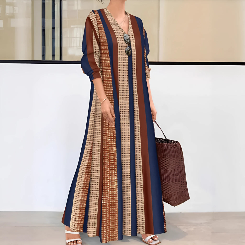 Women's camel coloured vertical striped V-neck long dress with A-line skirt and long sleeves