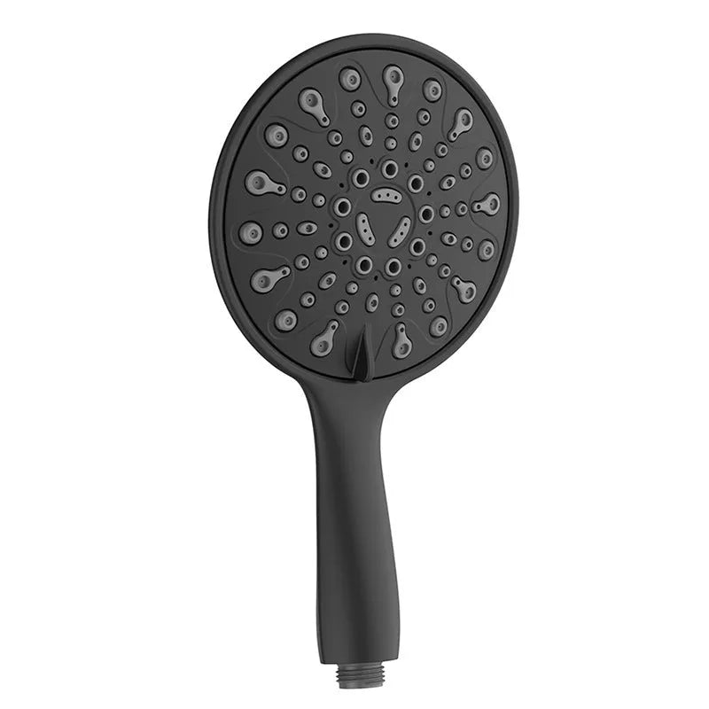 Six-function handheld shower head with electroplated finish showing massage, bubble, and rain mode settings