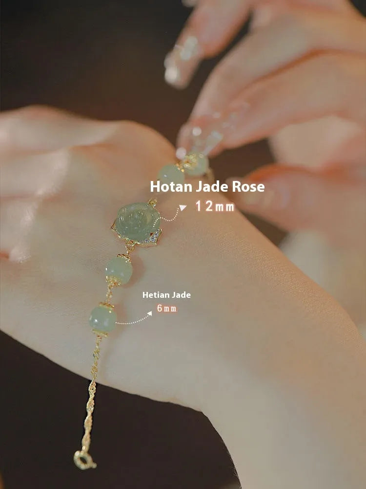 Women's bracelet with Hetian jade rose flower pendant on gold chain