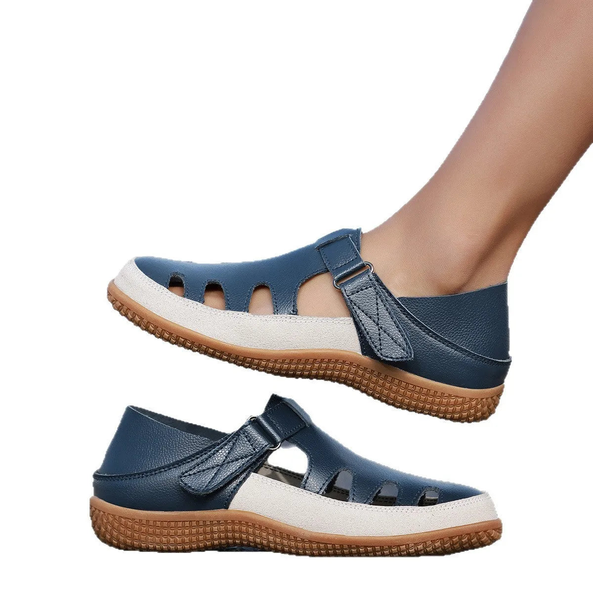 Women's plus size flat heel sandals with toe cap hollow breathable design in blue colour