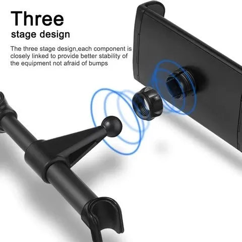 Black car phone holder mounted on rear seat base with universal tablet cradle