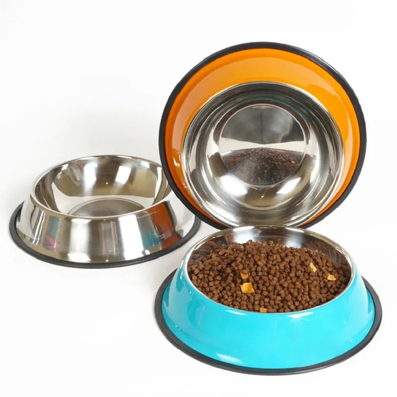 Stainless steel pet bowl with colourful melamine exterior and non-slip rubber base ring