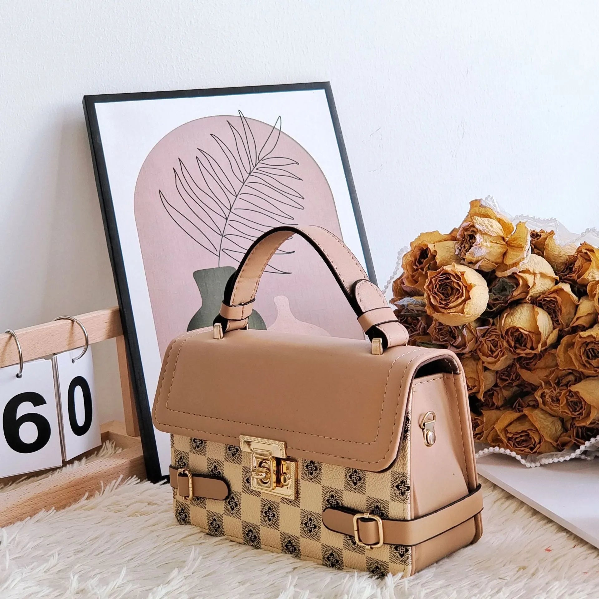Retro square pattern crossbody bag in apricot colour with ethnic stitching and flower decoration