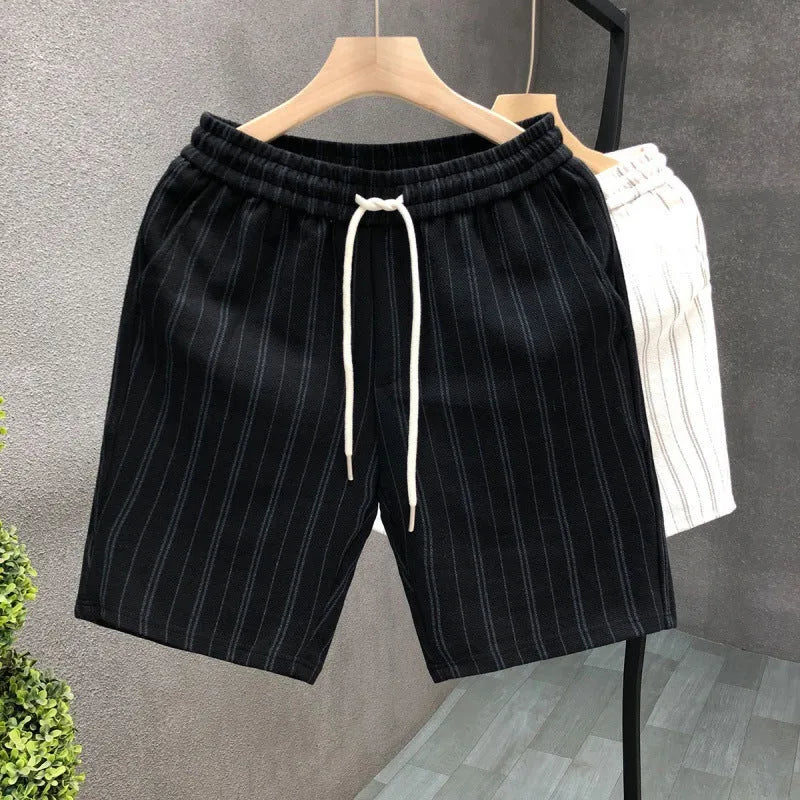 Men's black and white striped casual shorts with fleece lining and double-layer waistband