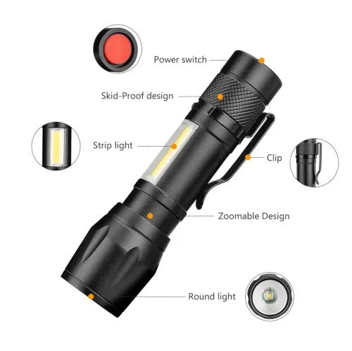 Black aluminium alloy mini telescopic flashlight with pocket clip and adjustable focus zoom.