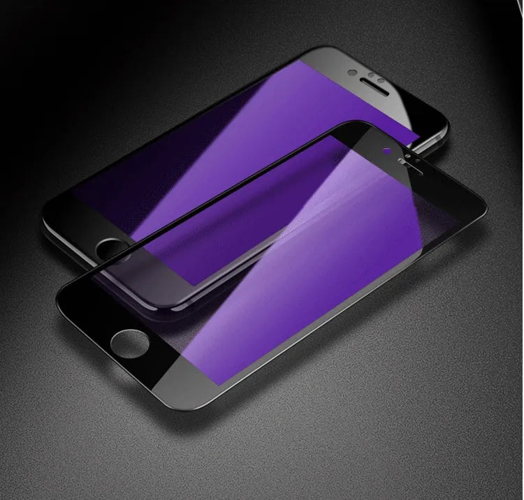 Tempered glass screen protector with carbon fibre soft edge for iPhone models.