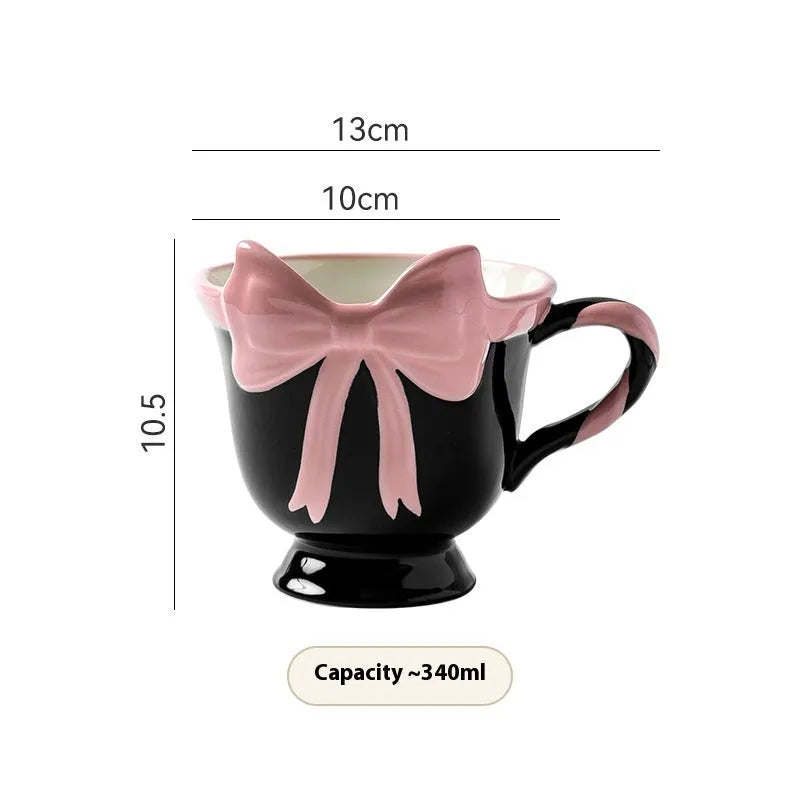 Ceramic mug with bow and heart decoration in Black Pink or White Powder colour, 301-400ml capacity