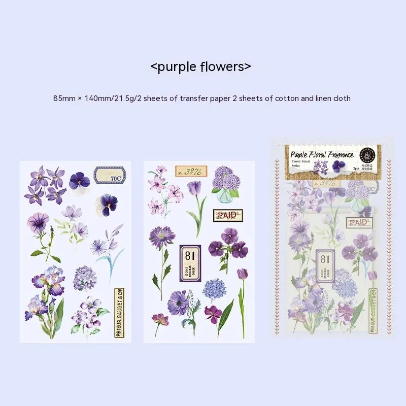 Huazhisen Series forest art sticker material pack showing printed transfer paper and cotton linen sheets
