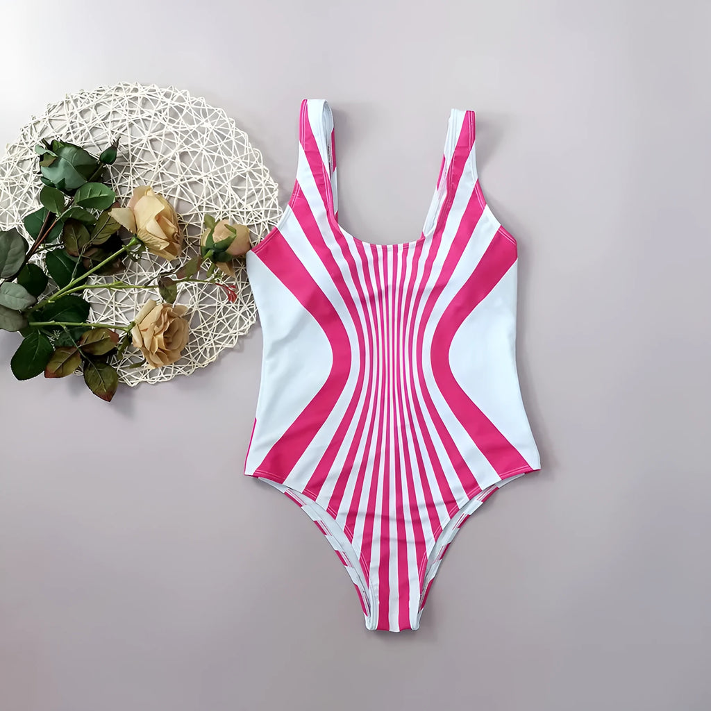 Pink striped one-piece swimsuit for women with digital printing front and back