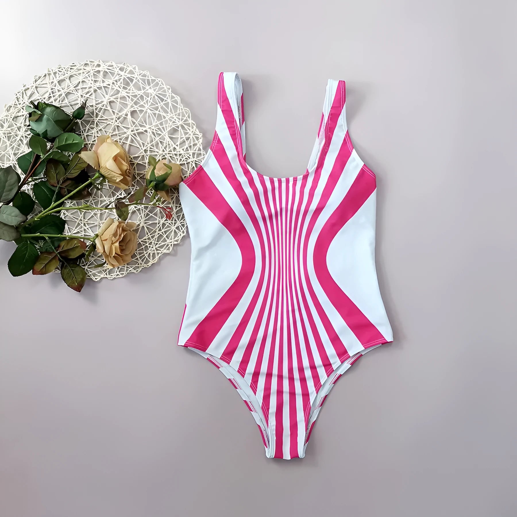 Pink striped one-piece swimsuit for women with digital printing front and back