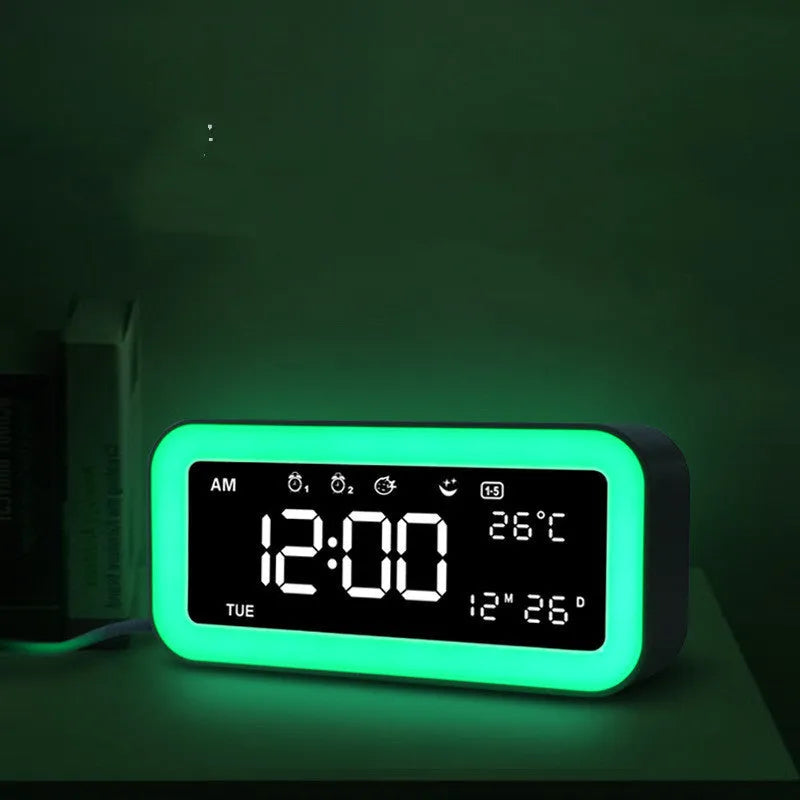 Rectangular multifunctional LED atmosphere light alarm clock with digital display and quartz glass mirror in blue or pink plastic casing