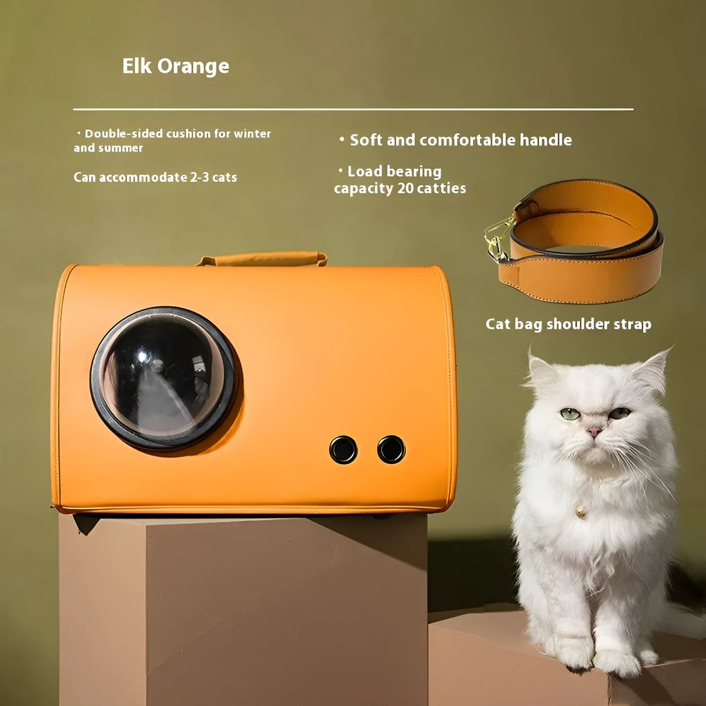 Portable pet carrier bag for cats and small dogs, shown in elk orange colour with shoulder strap.